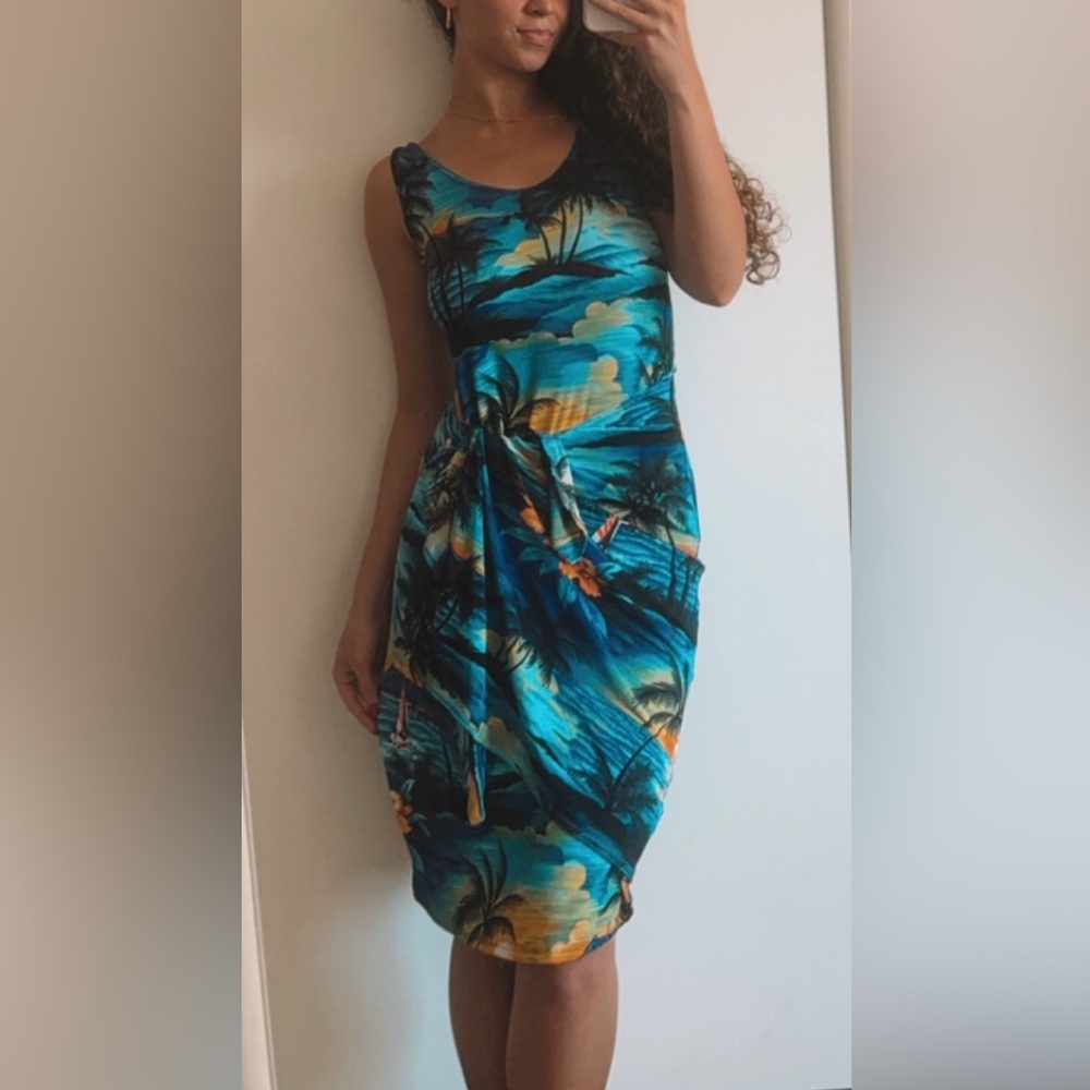 Vintage 90s Janana’s Tropical Midi Knee Length Wrap Dress in Blue Sunset